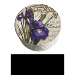Vintage Ceramic Coasters Set Of 6 Alaska Flower Wild Iris 4” Artsy Cork Bottom